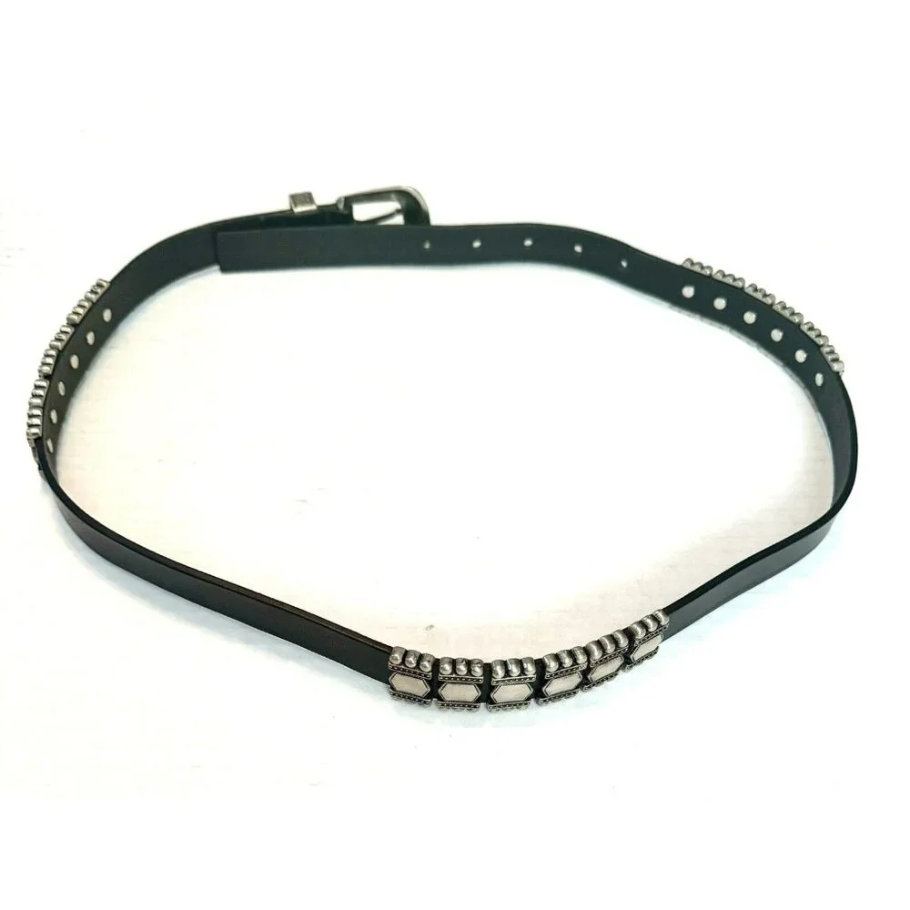 Albatros Black Leather Belt Italy Silver Buckle Art Nouveau deco Sz L